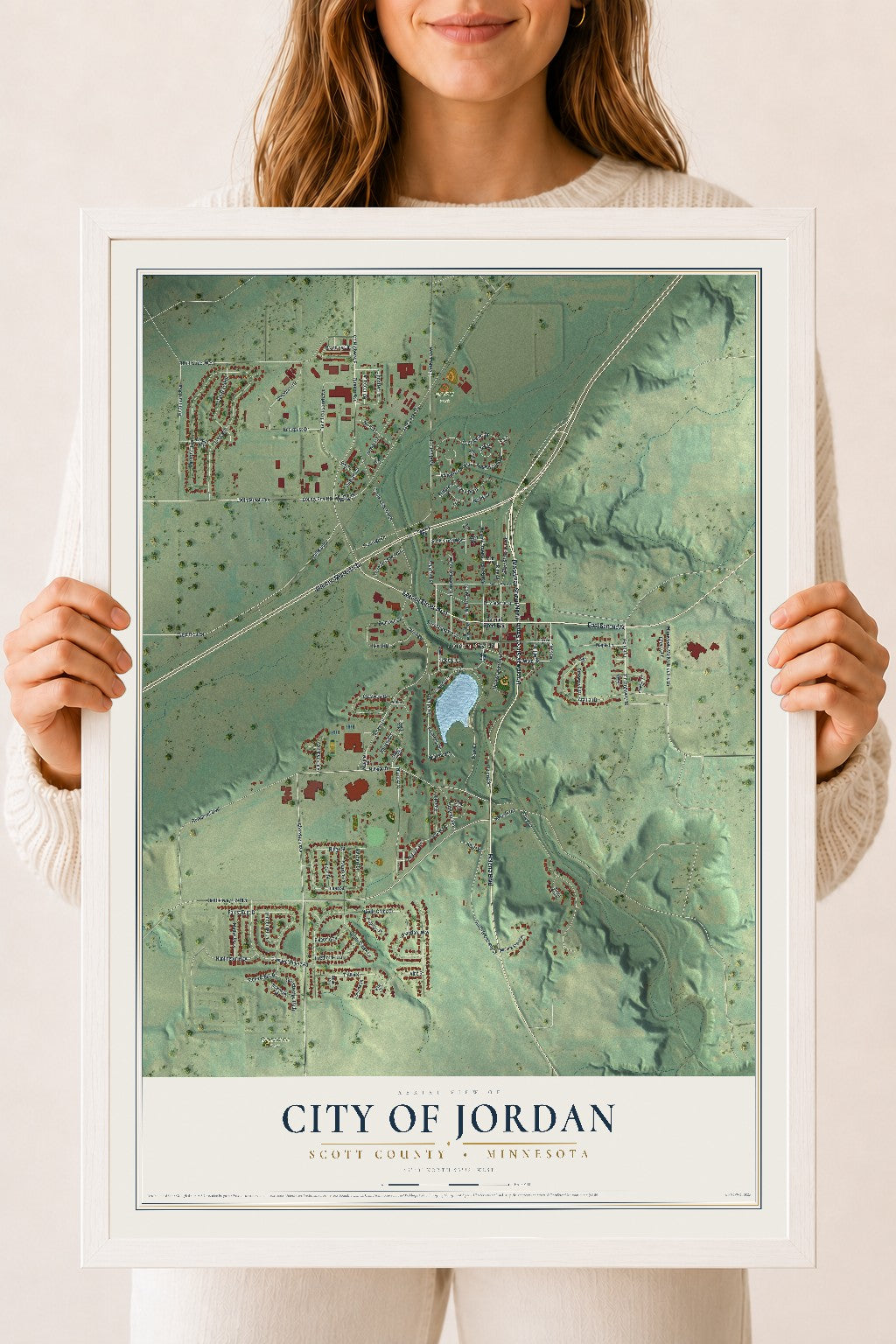Map of Jordan, Minnesota, 18 x 24 inch print in a white wood frame