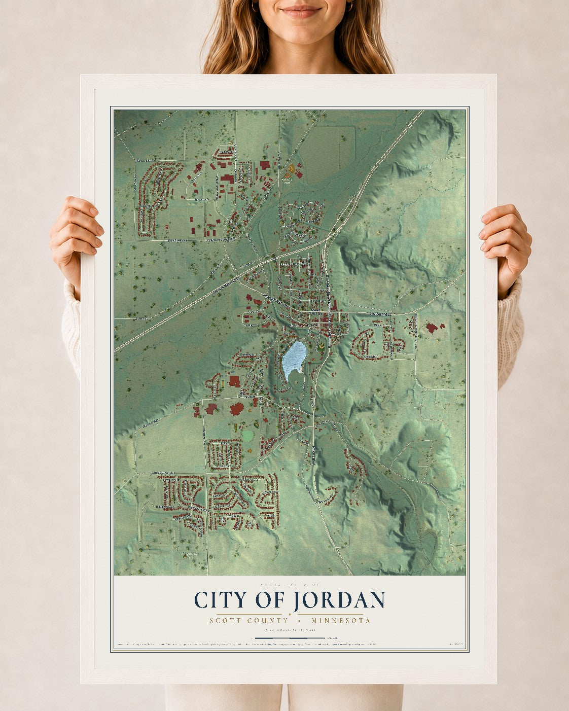 Map of Jordan, Minnesota, 24 x 36 inch print in a white wood frame
