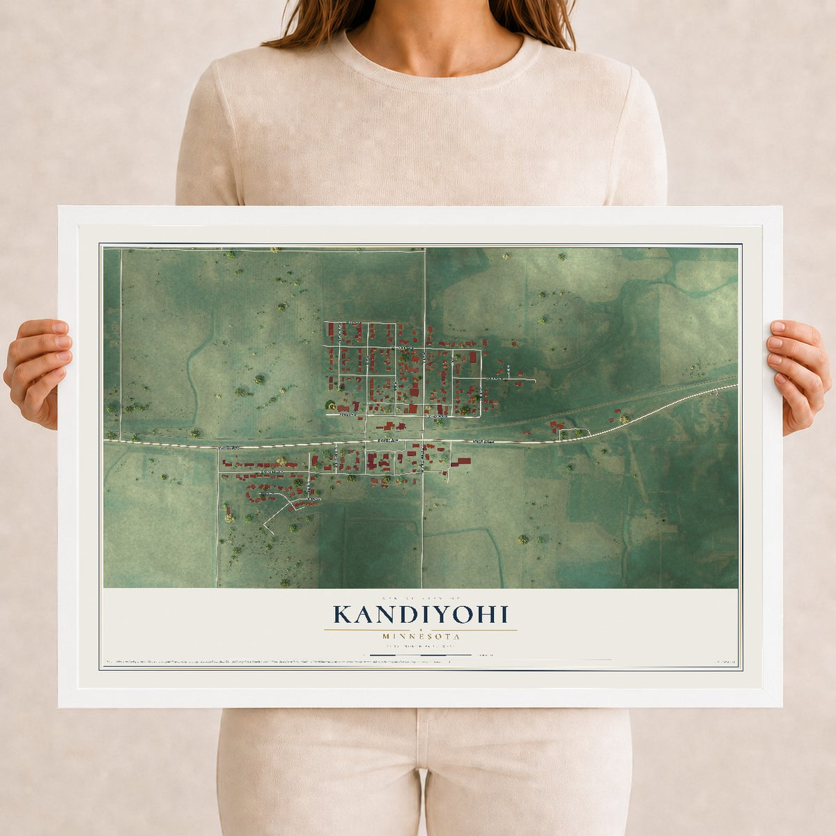 Map of Kandiyohi, Minnesota, 12 x 18 inch print in a white wood frame
