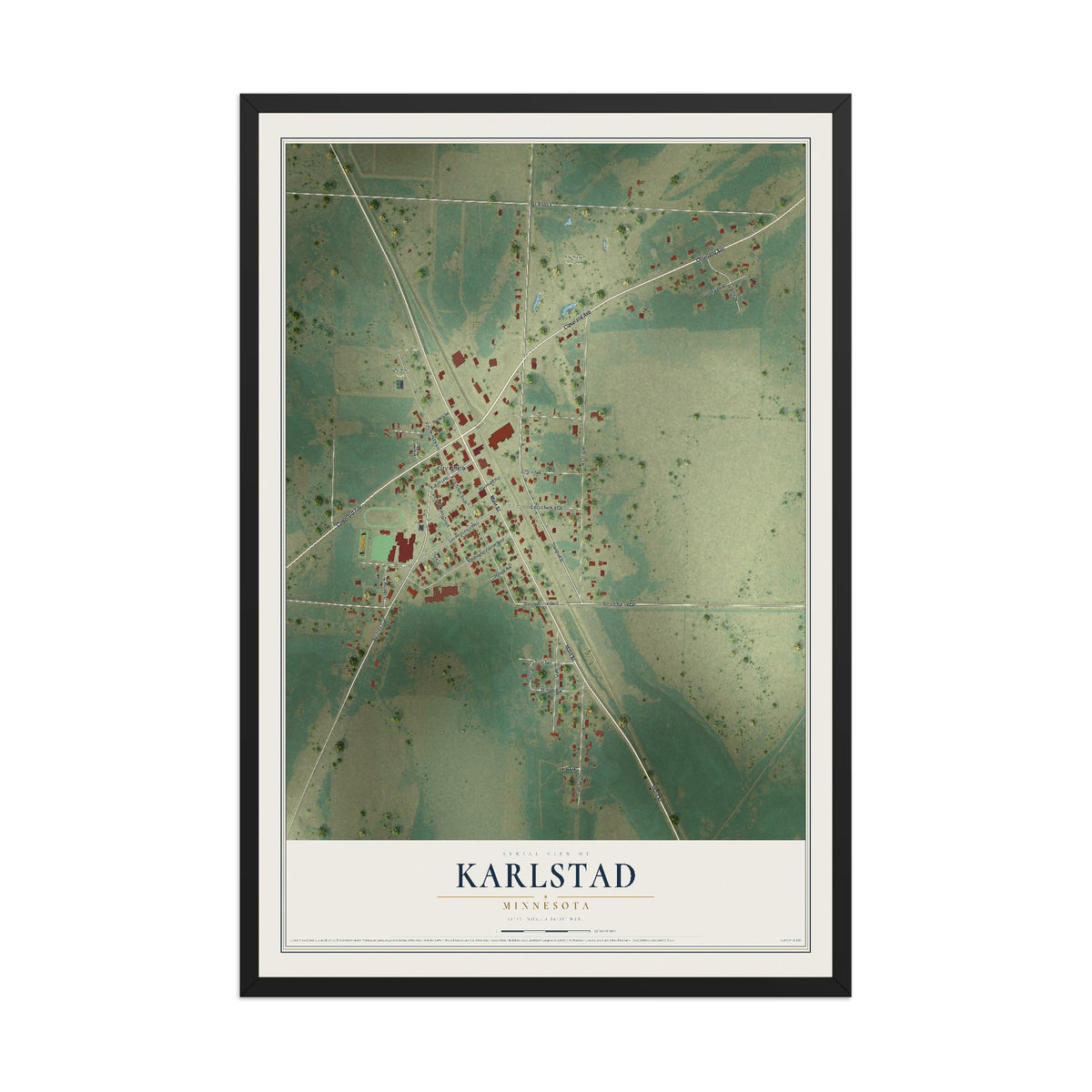 Map of Karlstad, Minnesota, 12 x 18 inch print in a black wood frame