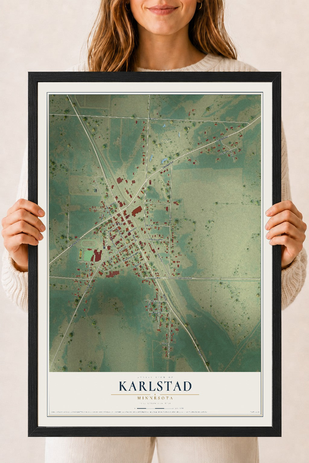Map of Karlstad, Minnesota, 18 x 24 inch print in a black wood frame