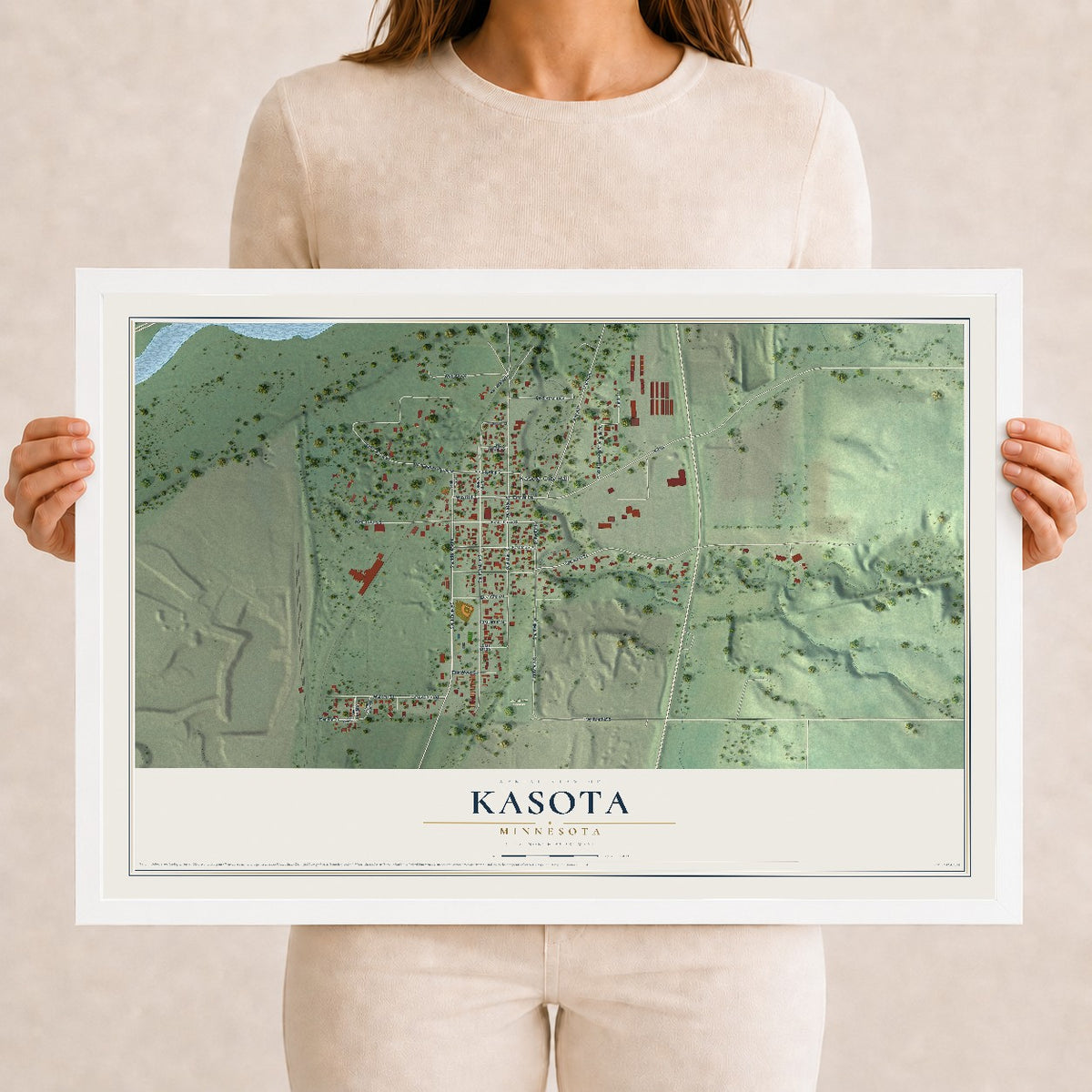 Map of Kasota, Minnesota, 12 x 18 inch print in a white wood frame