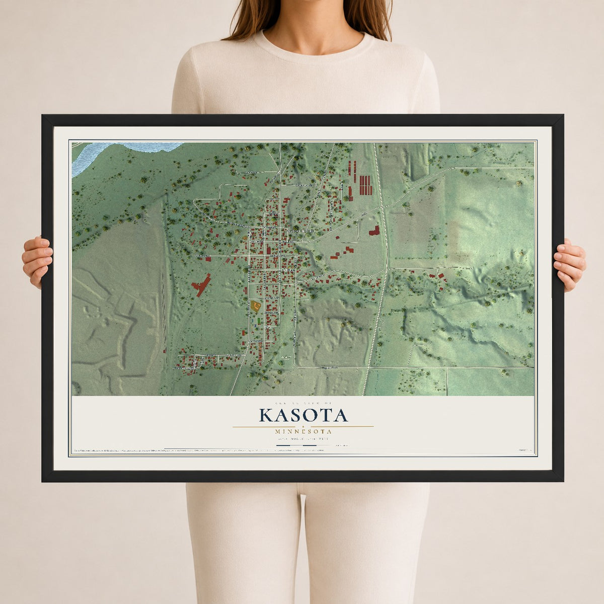 Map of Kasota, Minnesota, 24 x 36 inch print in a black wood frame