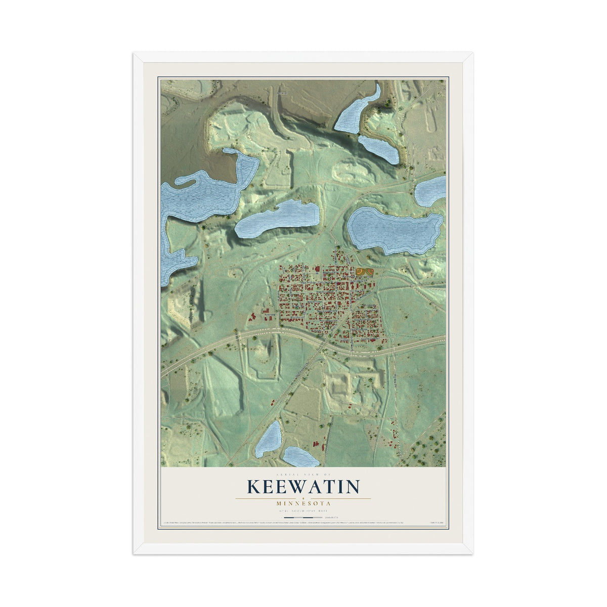 Map of Keewatin, Minnesota, 12 x 18 inch print in a white wood frame
