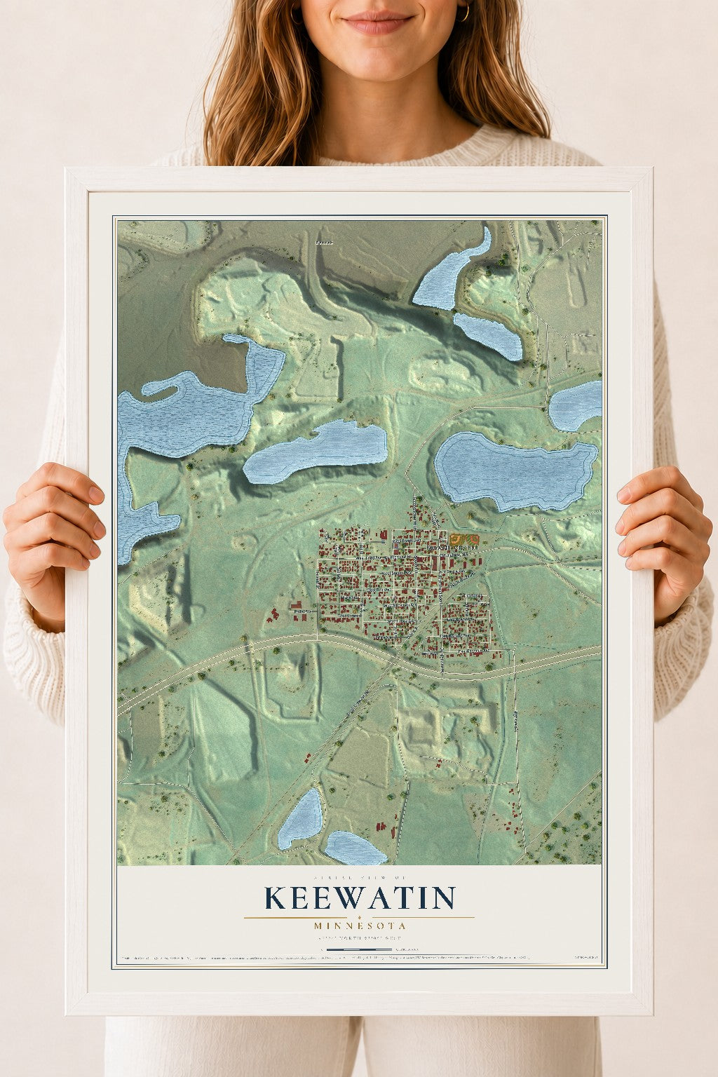 Map of Keewatin, Minnesota, 18 x 24 inch print in a white wood frame