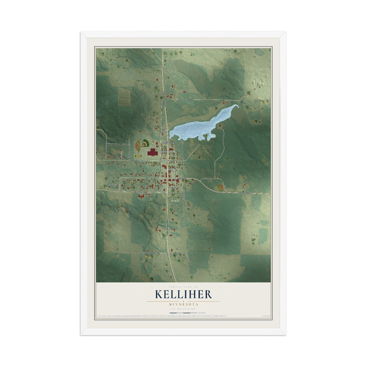 Map of Kelliher, Minnesota, 12 x 18 inch print in a white wood frame