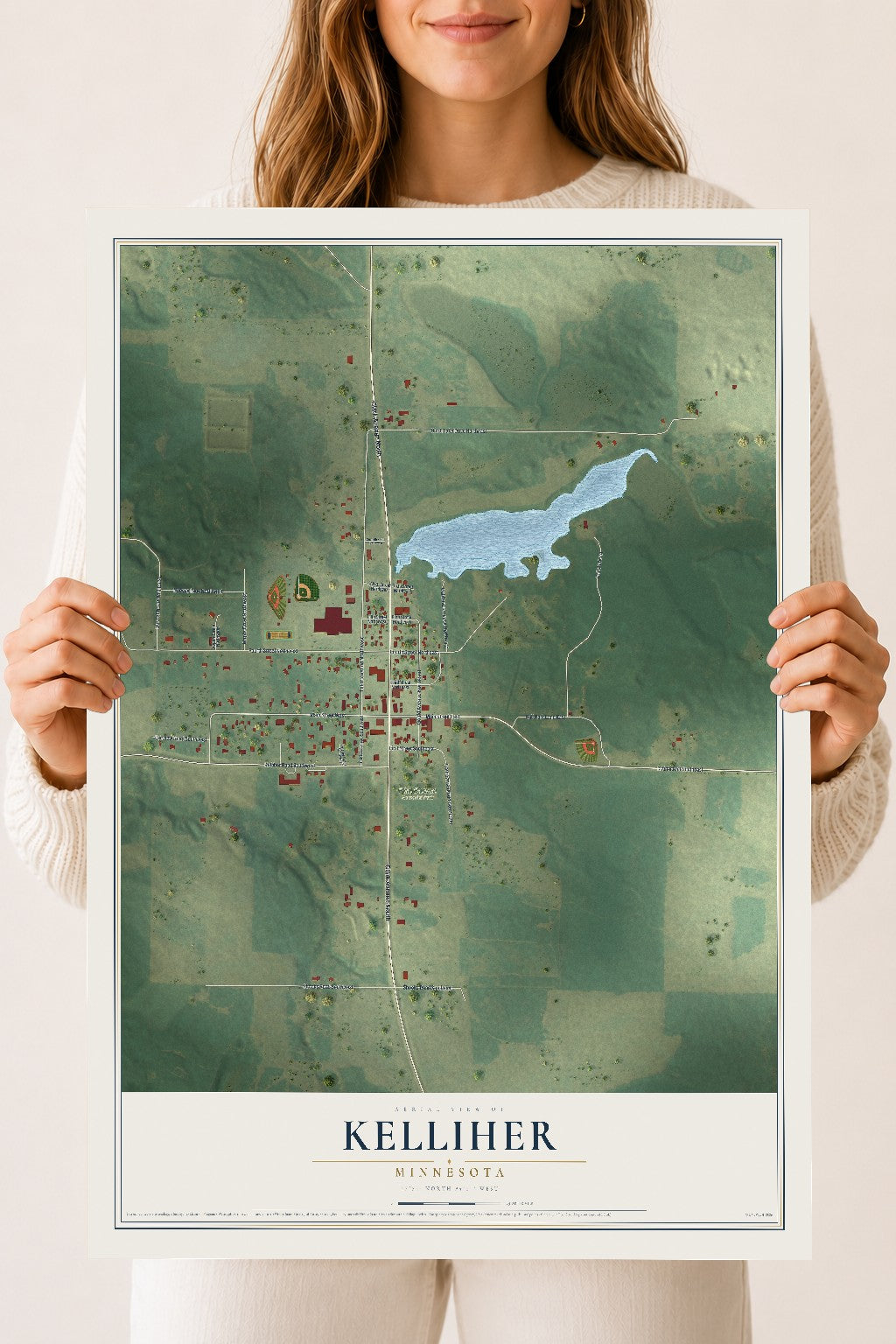 Map of Kelliher, Minnesota, 18 x 24 inch unframed archival matte print