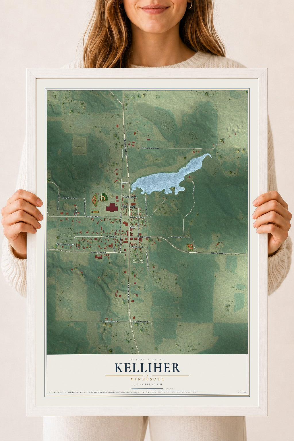 Map of Kelliher, Minnesota, 18 x 24 inch print in a white wood frame