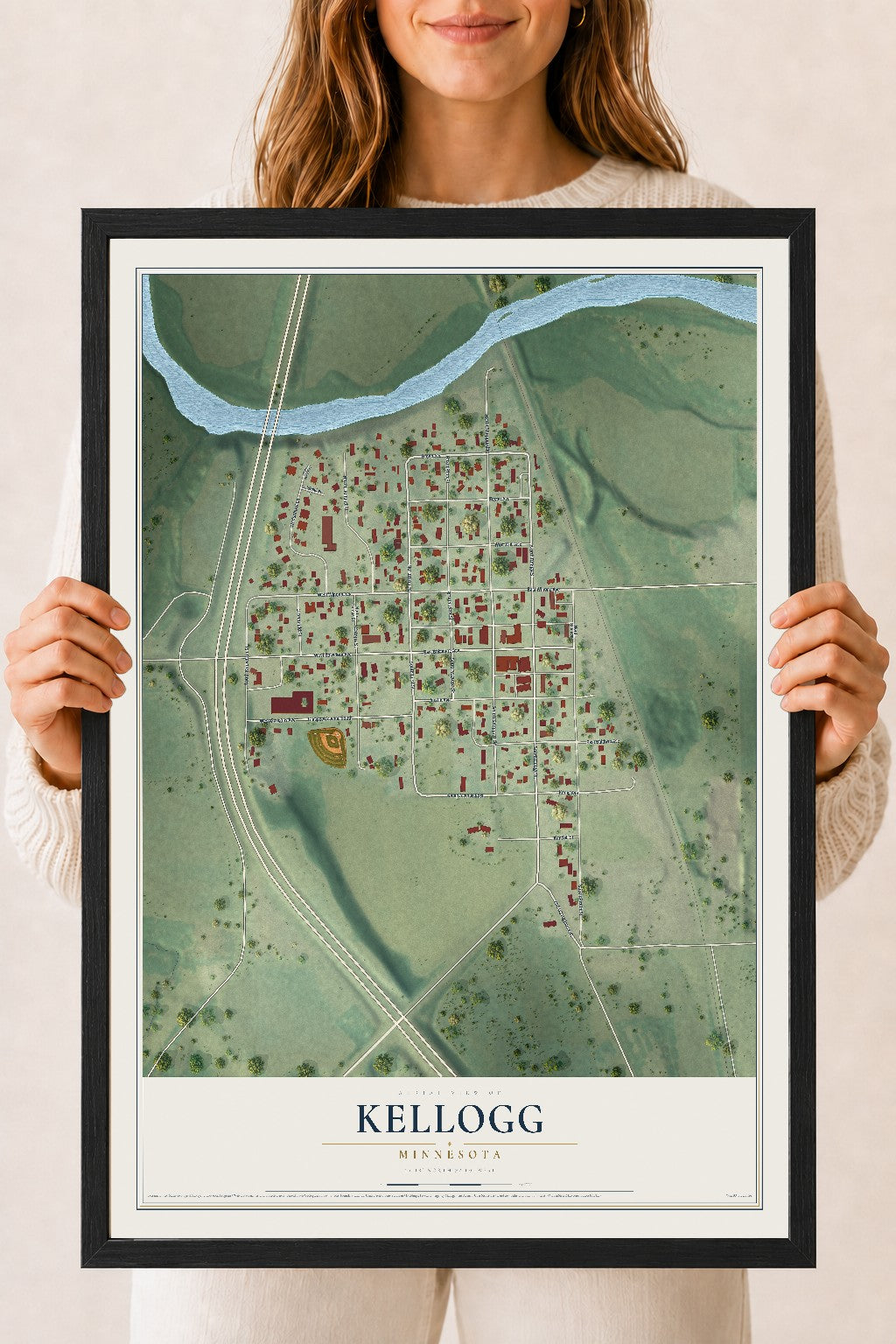 Map of Kellogg, Minnesota, 18 x 24 inch print in a black wood frame