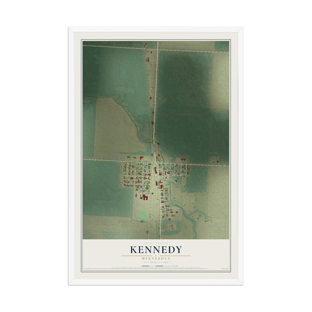 Map of Kennedy, Minnesota, 12 x 18 inch print in a white wood frame