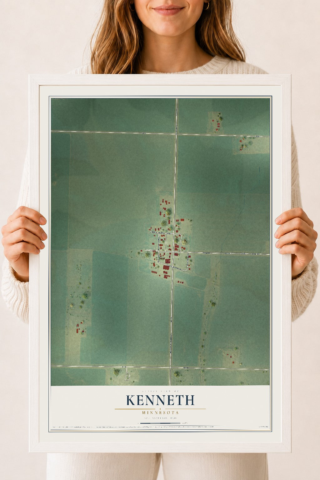 Map of Kenneth, Minnesota, 18 x 24 inch print in a white wood frame