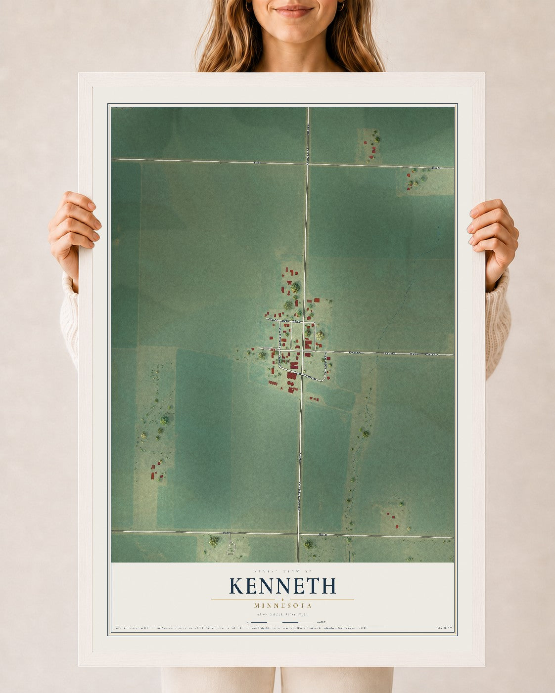 Map of Kenneth, Minnesota, 24 x 36 inch print in a white wood frame