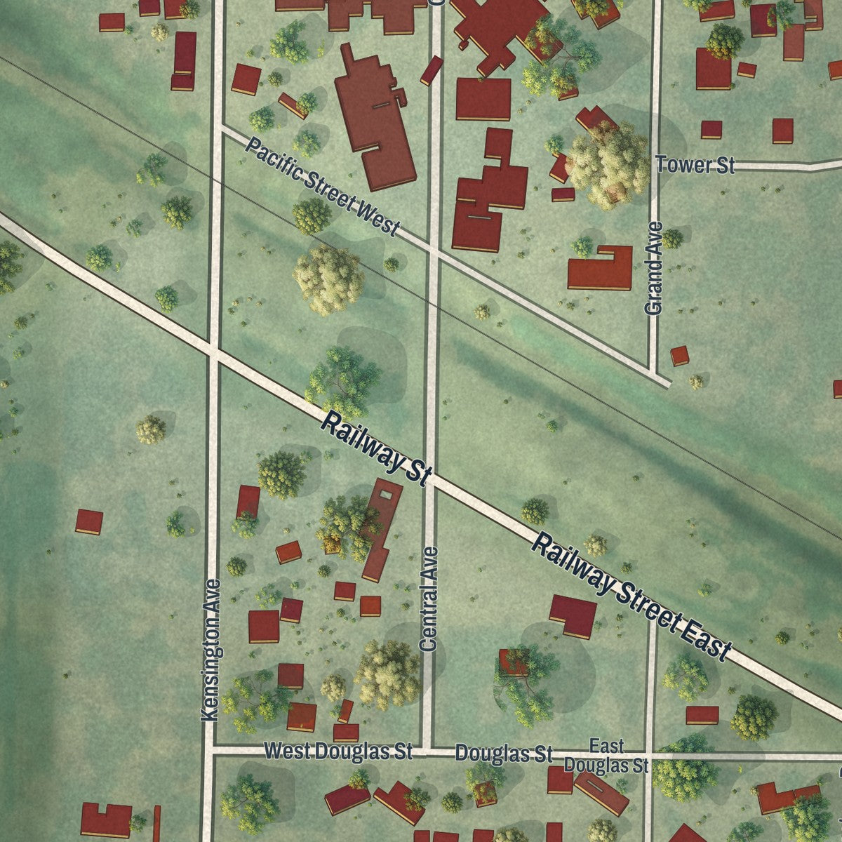 Close-up of the map of Kensington, Minnesota print showing street and building detail
