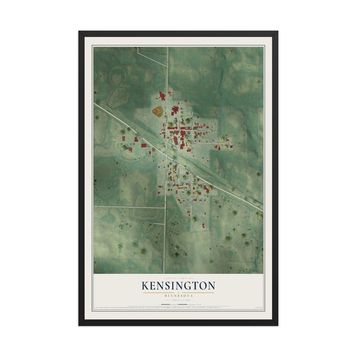 Map of Kensington, Minnesota, 12 x 18 inch print in a black wood frame