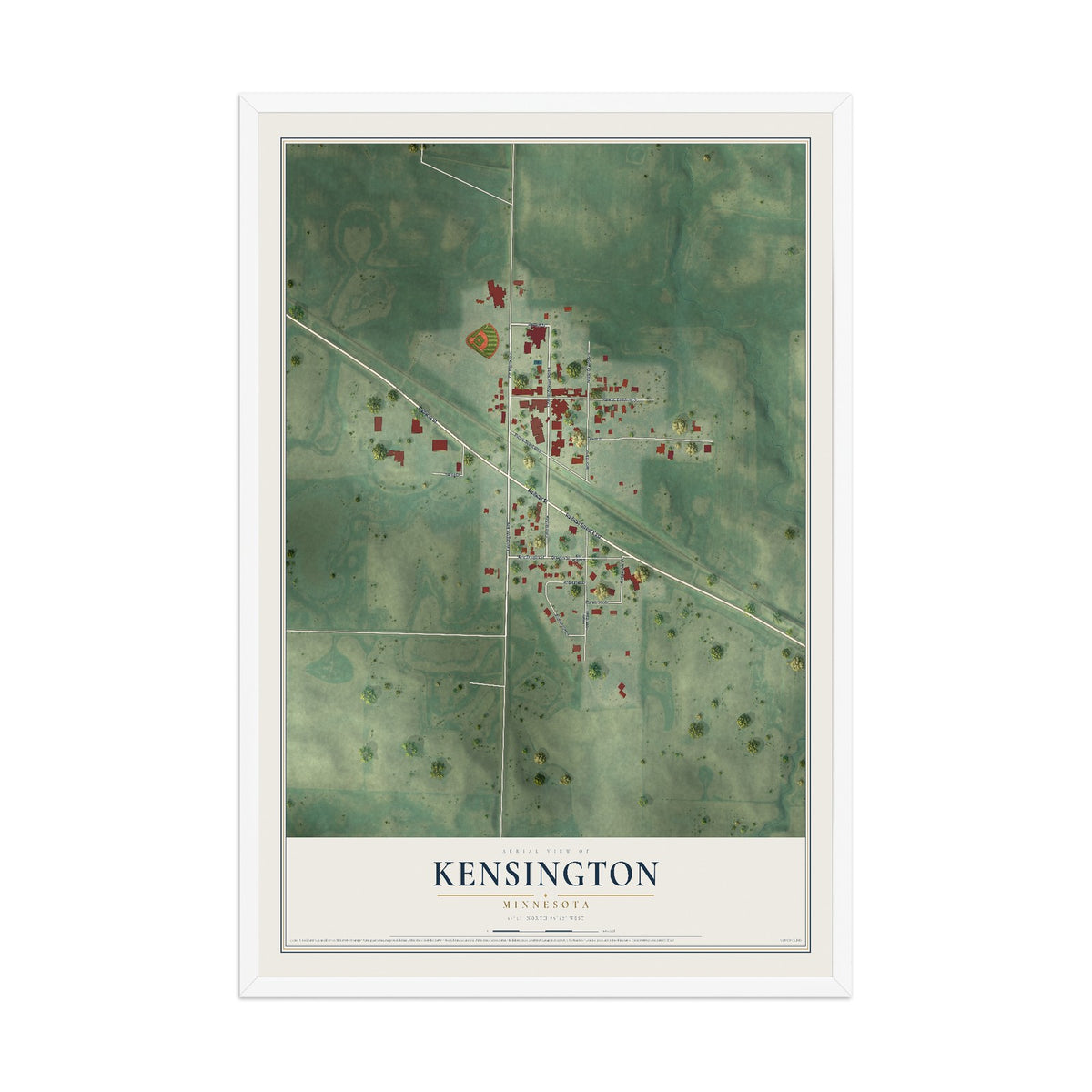 Map of Kensington, Minnesota, 12 x 18 inch print in a white wood frame