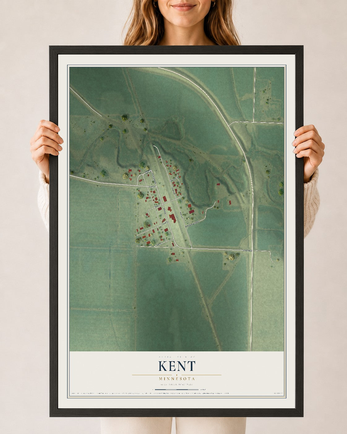 Map of Kent, Minnesota, 24 x 36 inch print in a black wood frame
