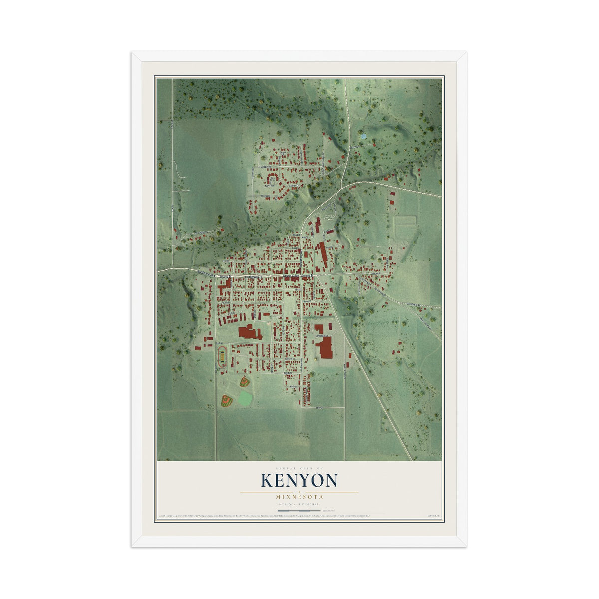 Map of Kenyon, Minnesota, 12 x 18 inch print in a white wood frame