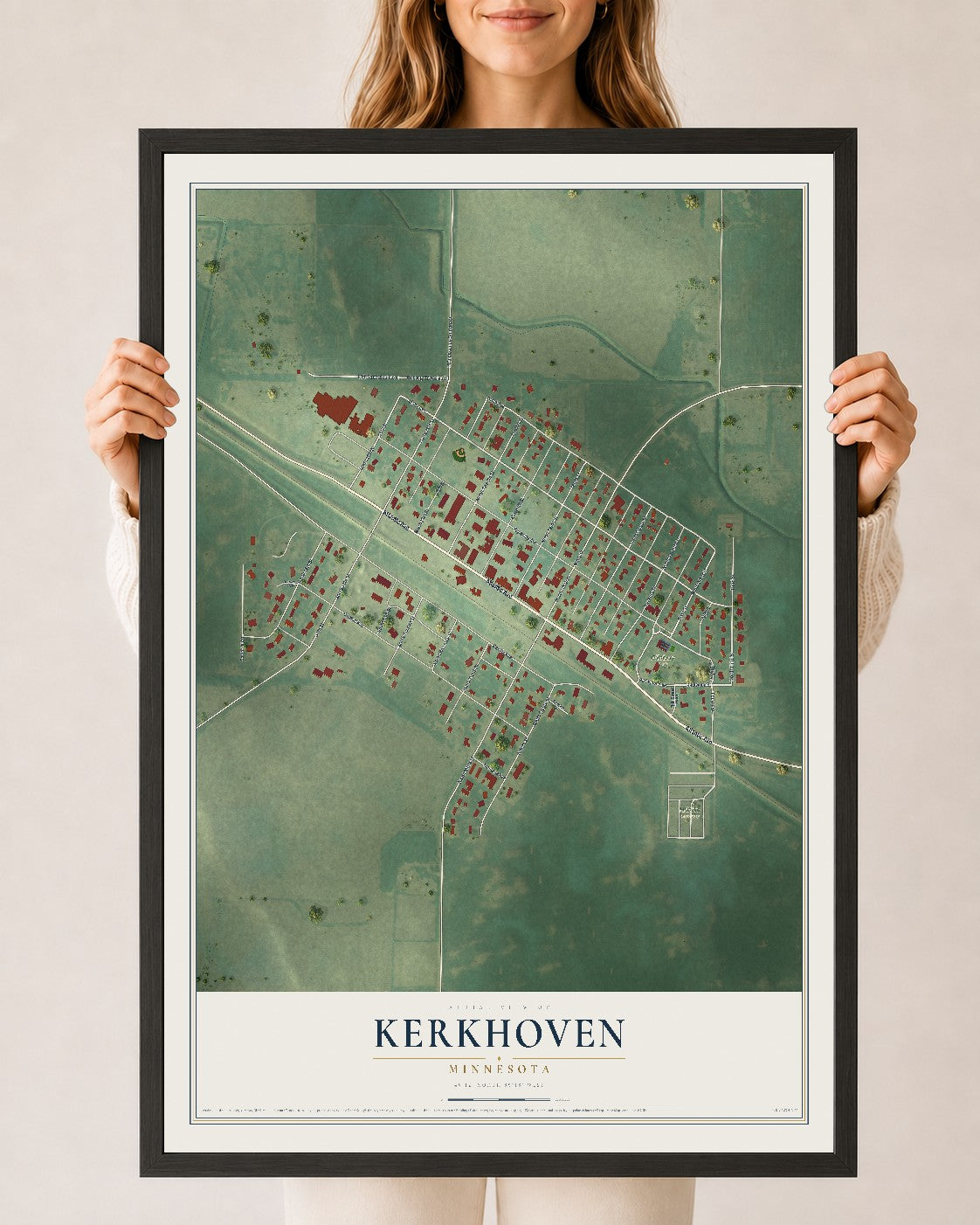 Map of Kerkhoven, Minnesota, 24 x 36 inch print in a black wood frame