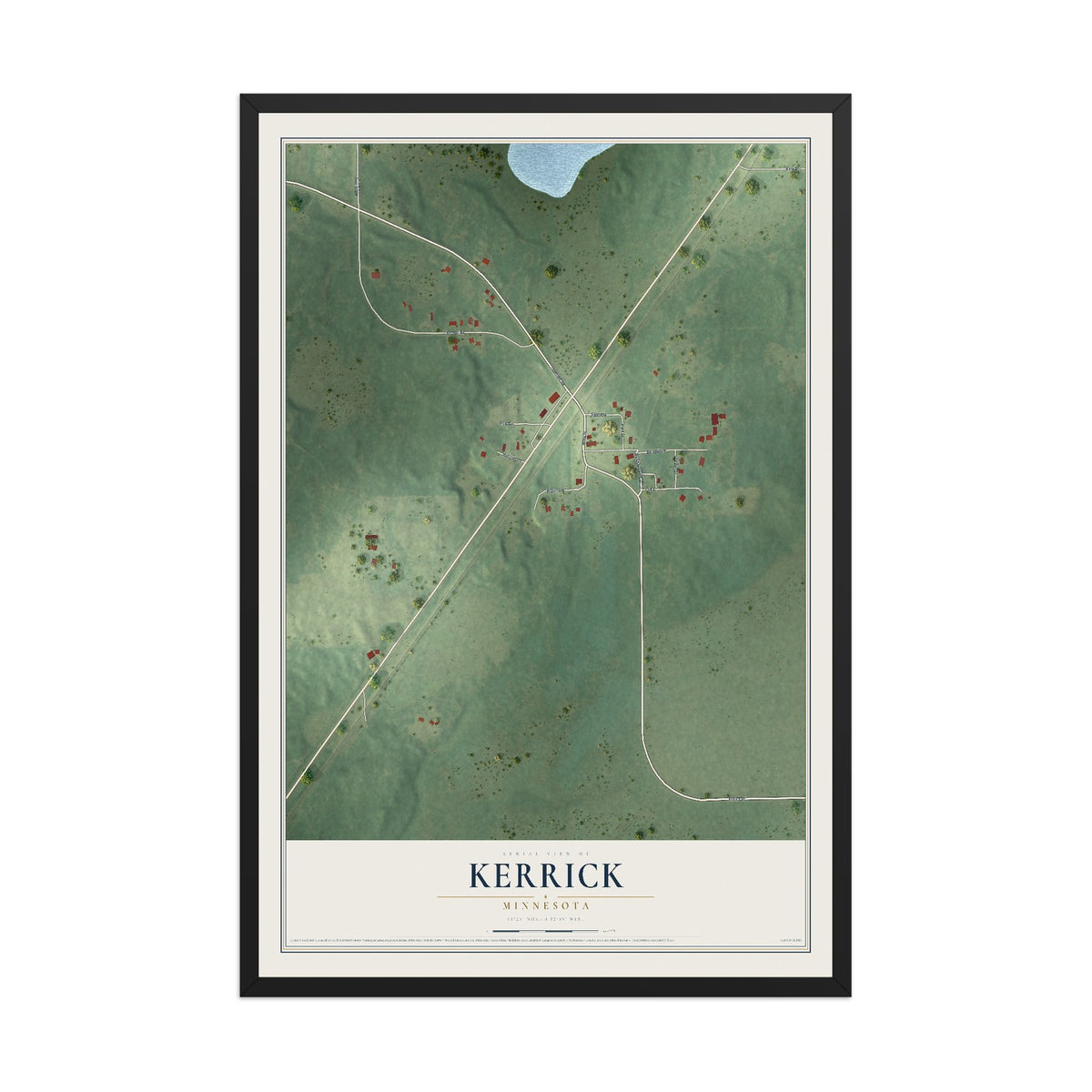 Map of Kerrick, Minnesota, 12 x 18 inch print in a black wood frame