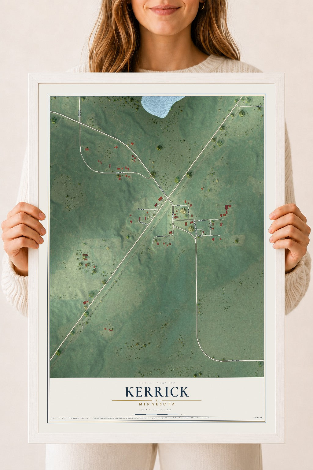 Map of Kerrick, Minnesota, 18 x 24 inch print in a white wood frame
