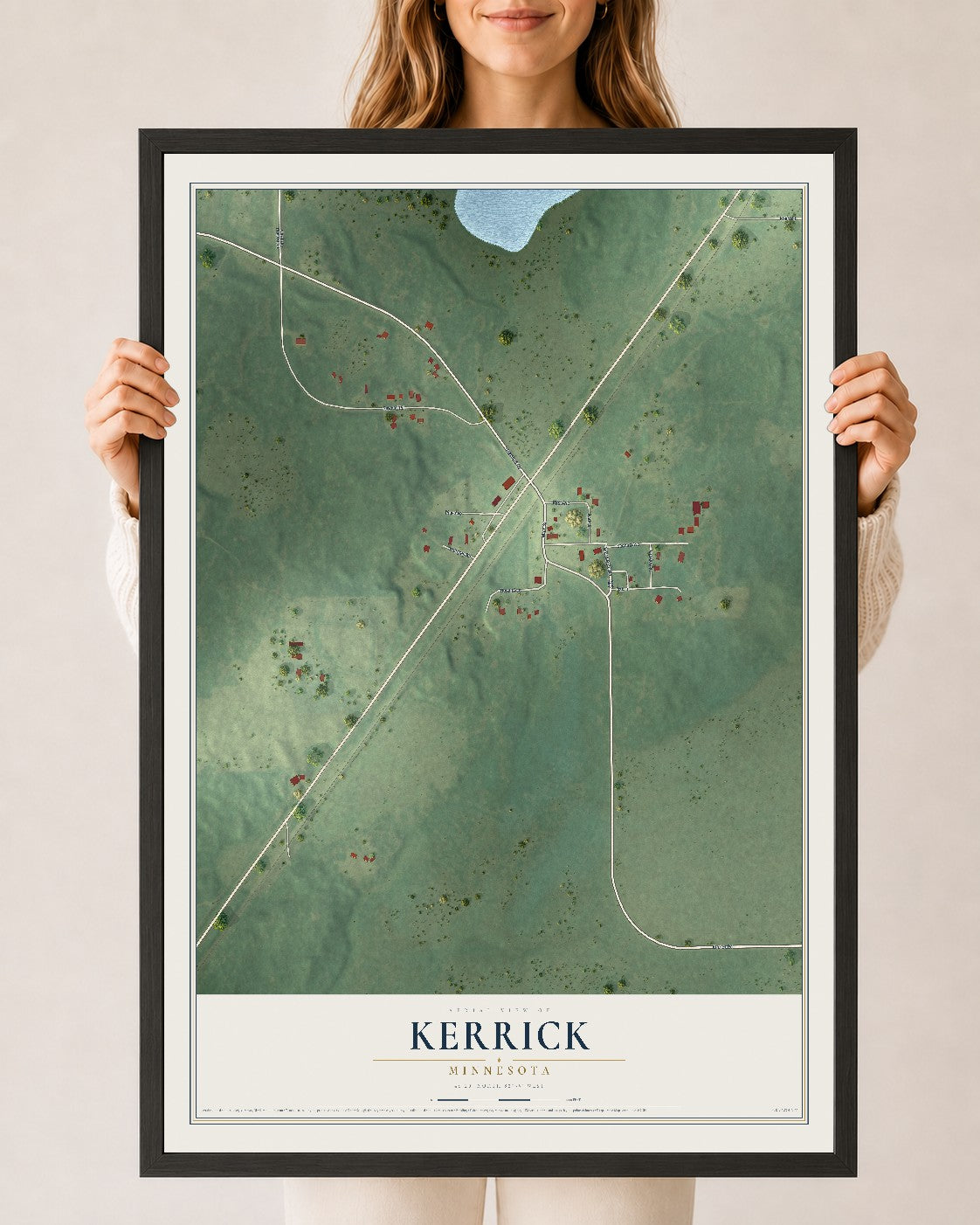 Map of Kerrick, Minnesota, 24 x 36 inch print in a black wood frame