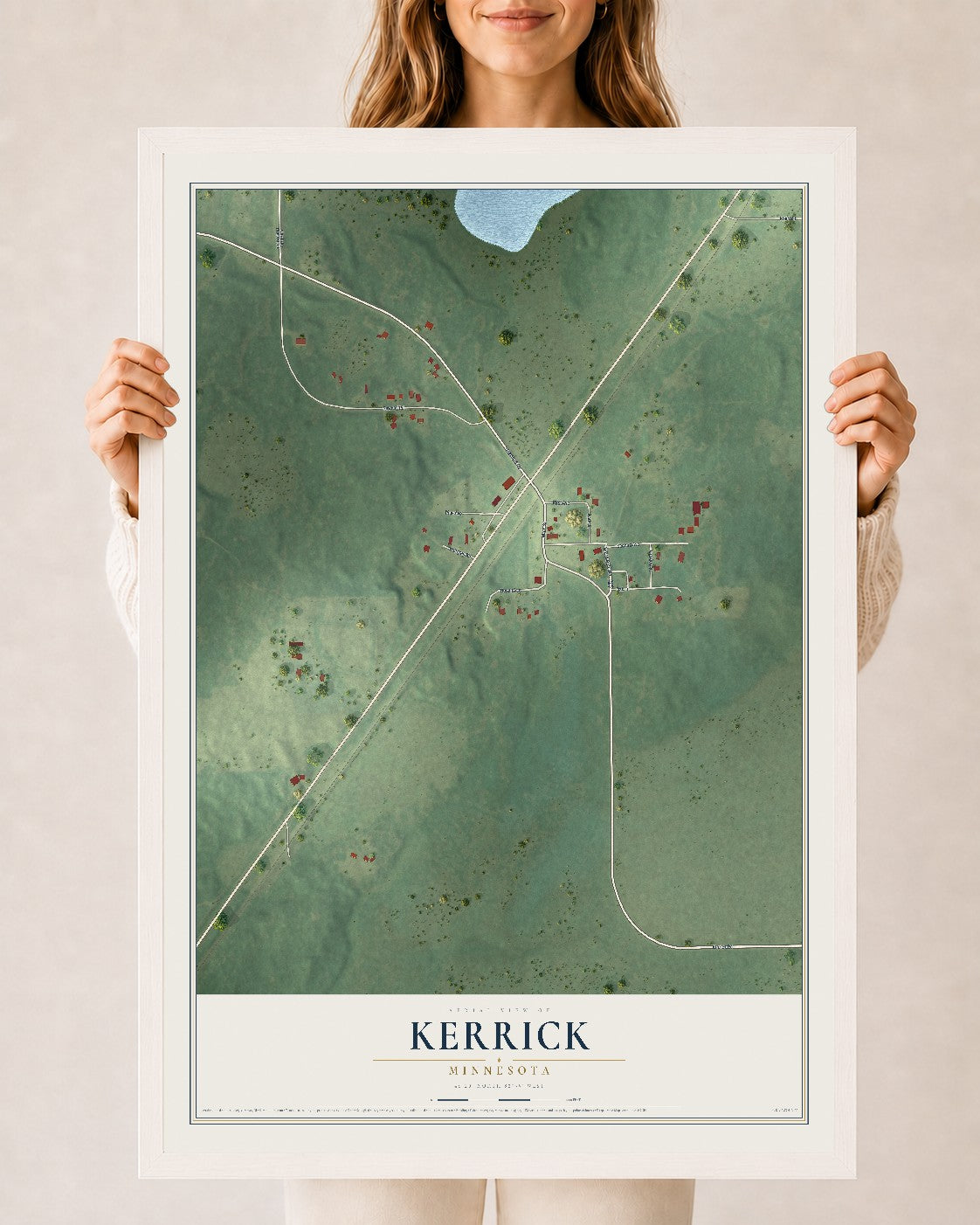 Map of Kerrick, Minnesota, 24 x 36 inch print in a white wood frame