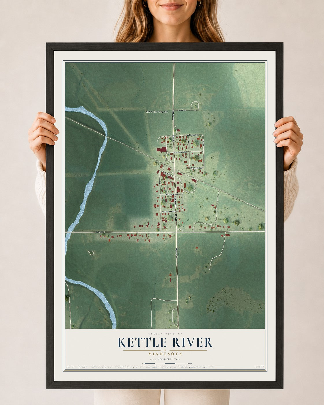 Map of Kettle River, Minnesota, 24 x 36 inch print in a black wood frame