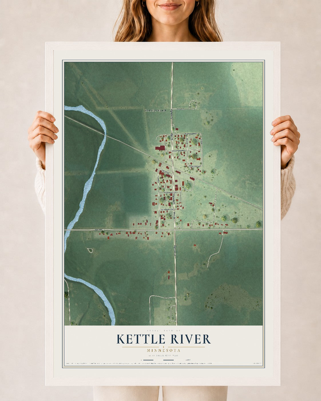 Map of Kettle River, Minnesota, 24 x 36 inch print in a white wood frame