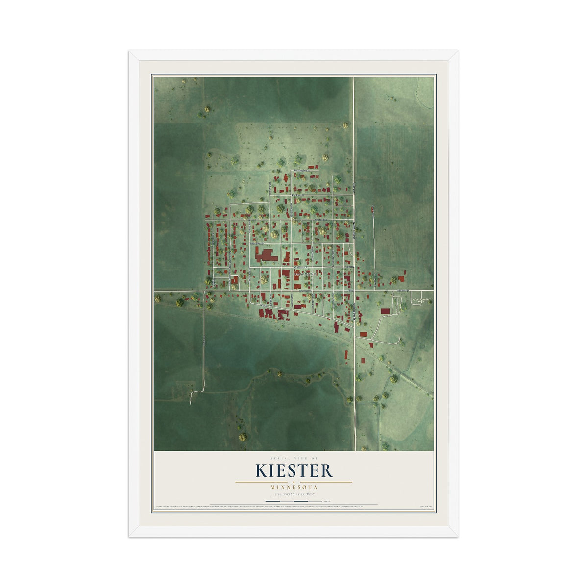Map of Kiester, Minnesota, 12 x 18 inch print in a white wood frame