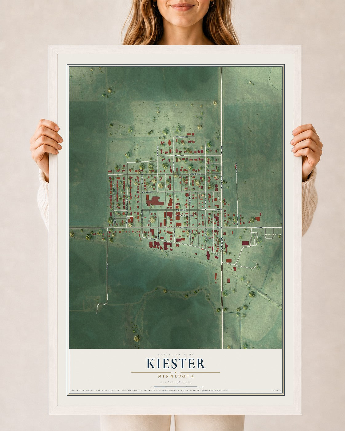 Map of Kiester, Minnesota, 24 x 36 inch print in a white wood frame