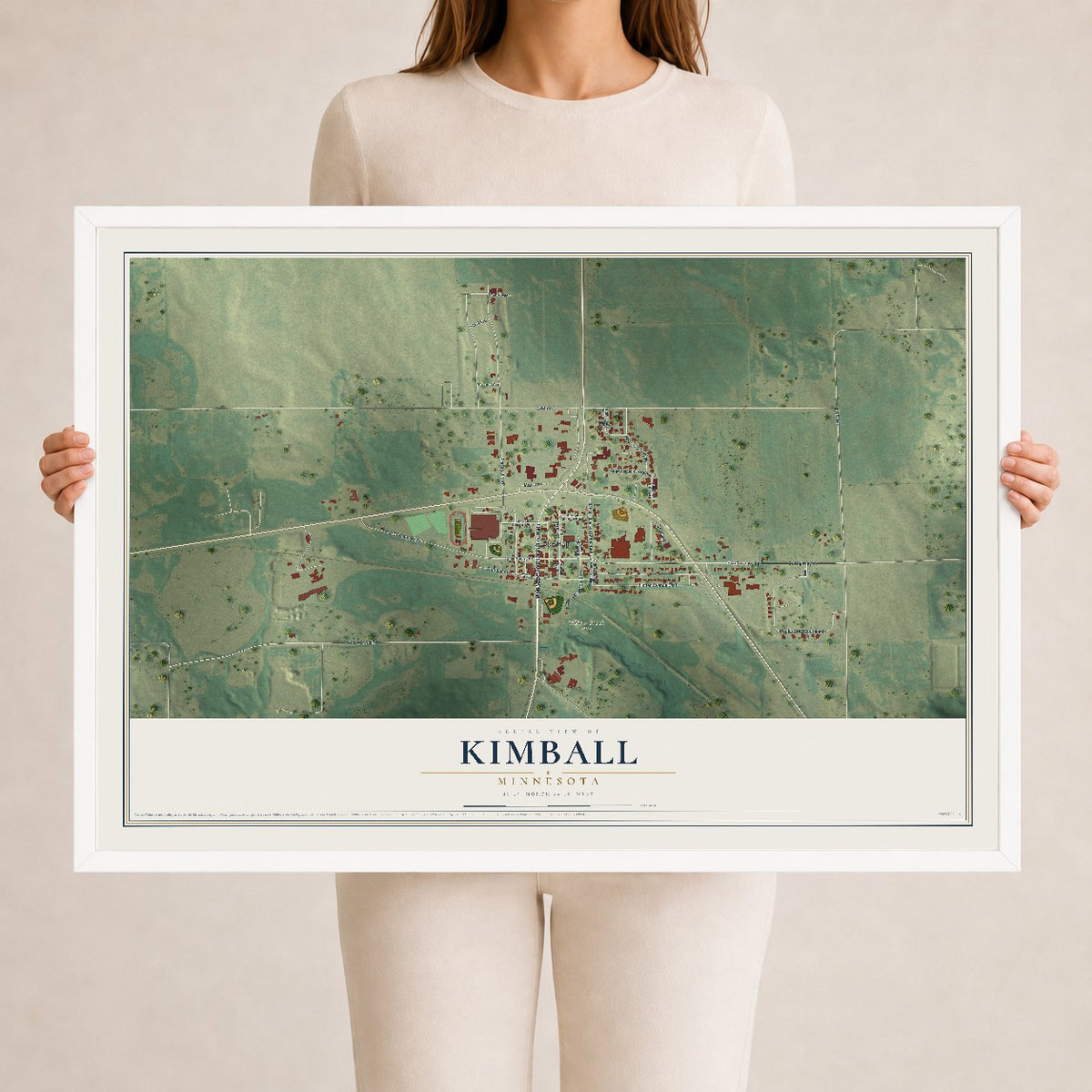 Map of Kimball, Minnesota, 24 x 36 inch print in a white wood frame