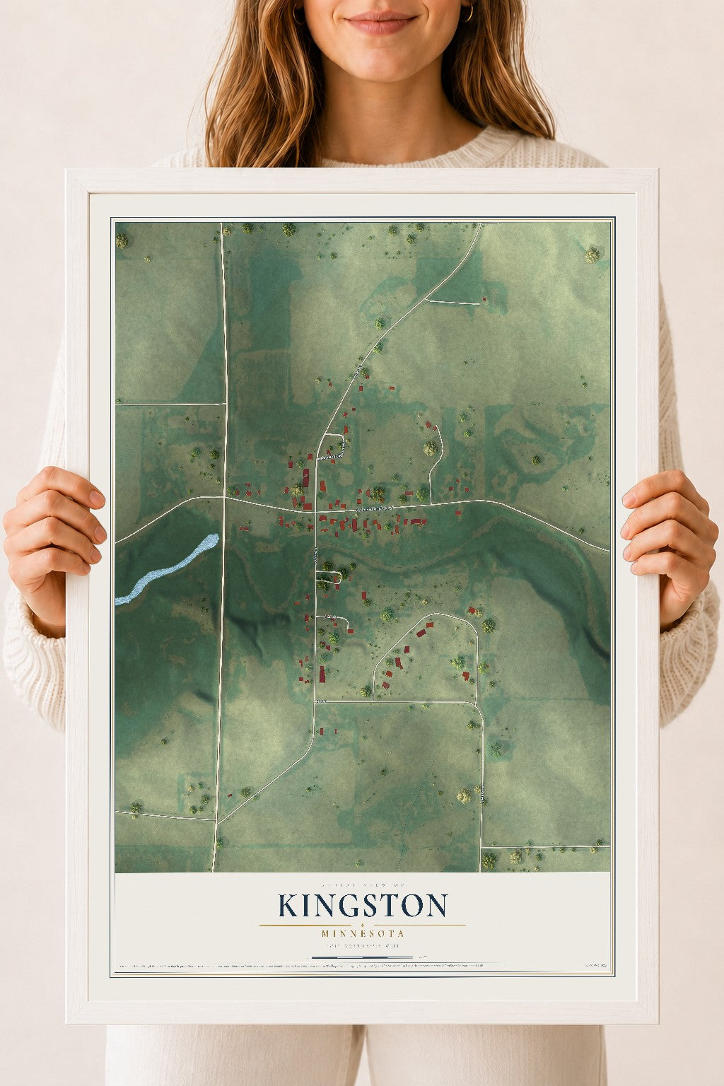 Map of Kingston, Minnesota, 18 x 24 inch print in a white wood frame