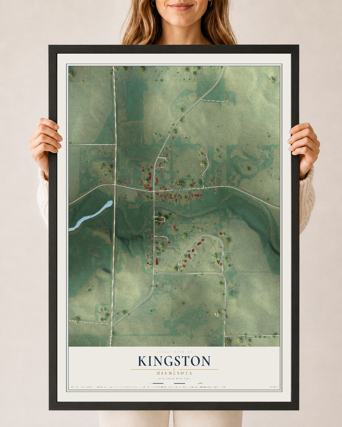 Map of Kingston, Minnesota, 24 x 36 inch print in a black wood frame