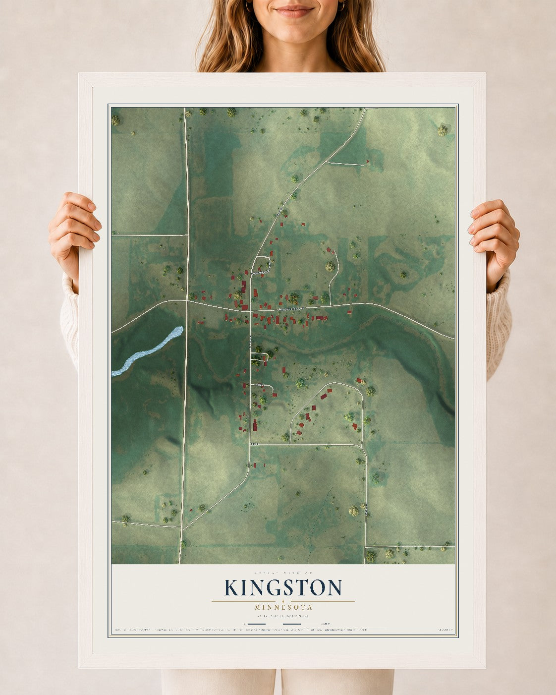 Map of Kingston, Minnesota, 24 x 36 inch print in a white wood frame