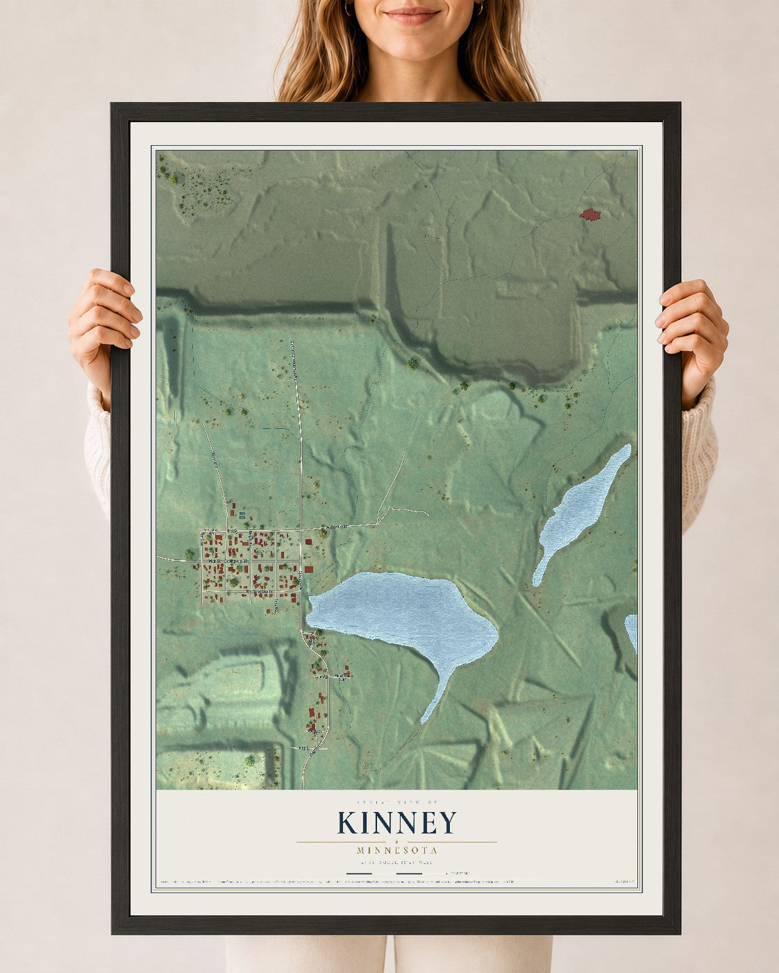 Map of Kinney, Minnesota, 24 x 36 inch print in a black wood frame