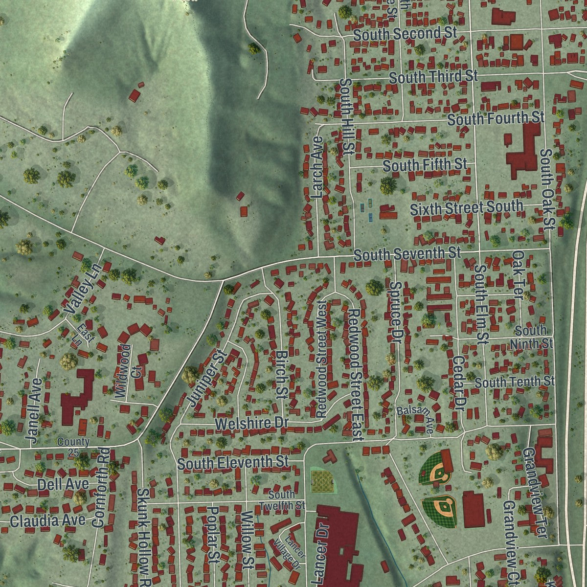 Close-up of the map of La Crescent, Minnesota print showing street and building detail