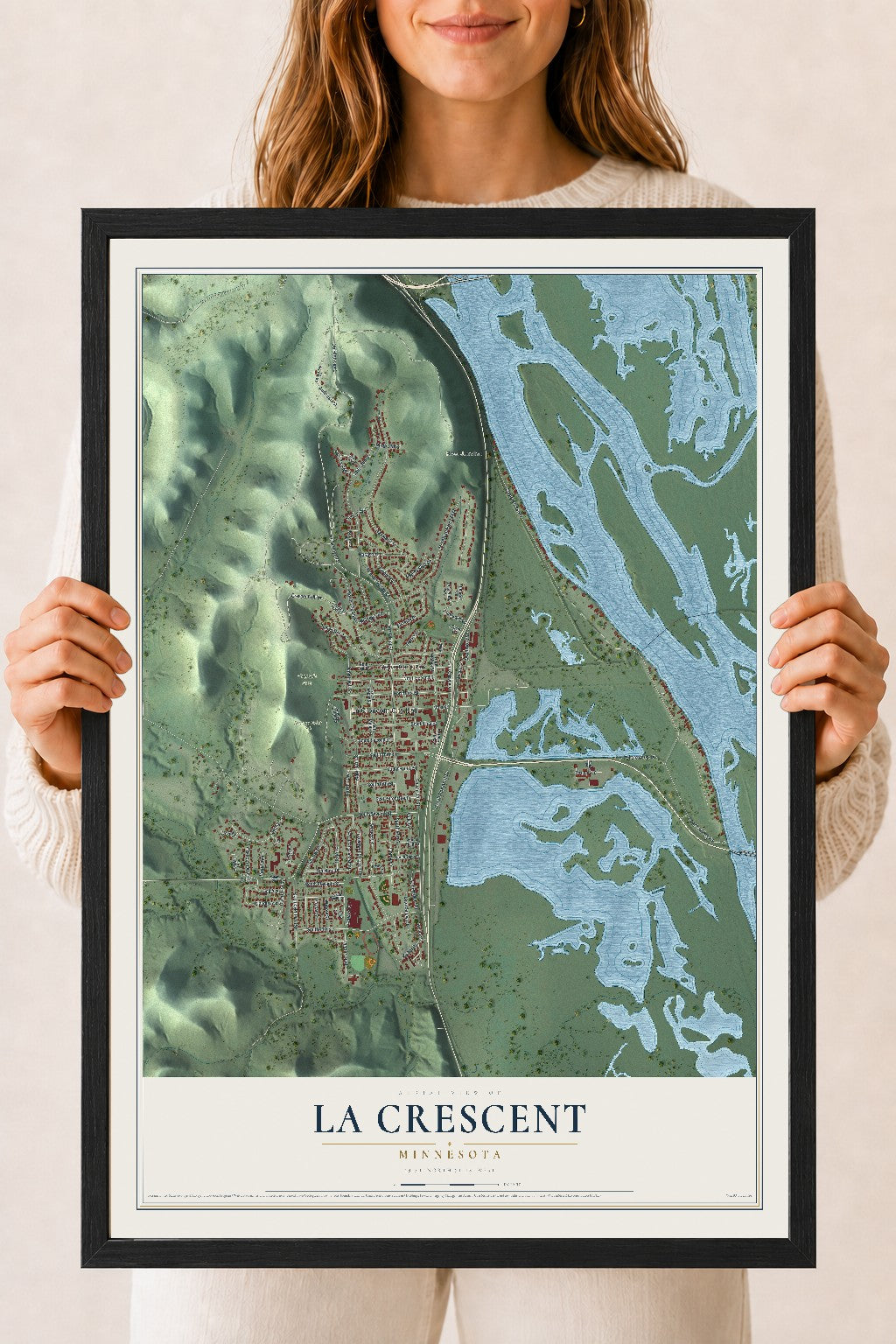 Map of La Crescent, Minnesota, 18 x 24 inch print in a black wood frame