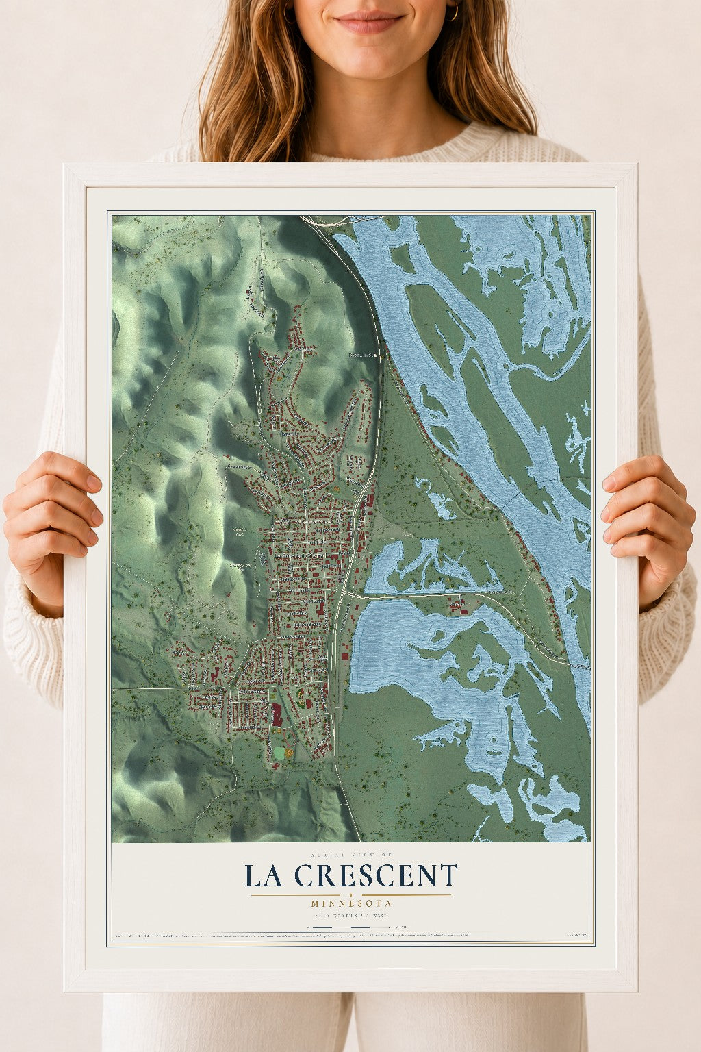Map of La Crescent, Minnesota, 18 x 24 inch print in a white wood frame