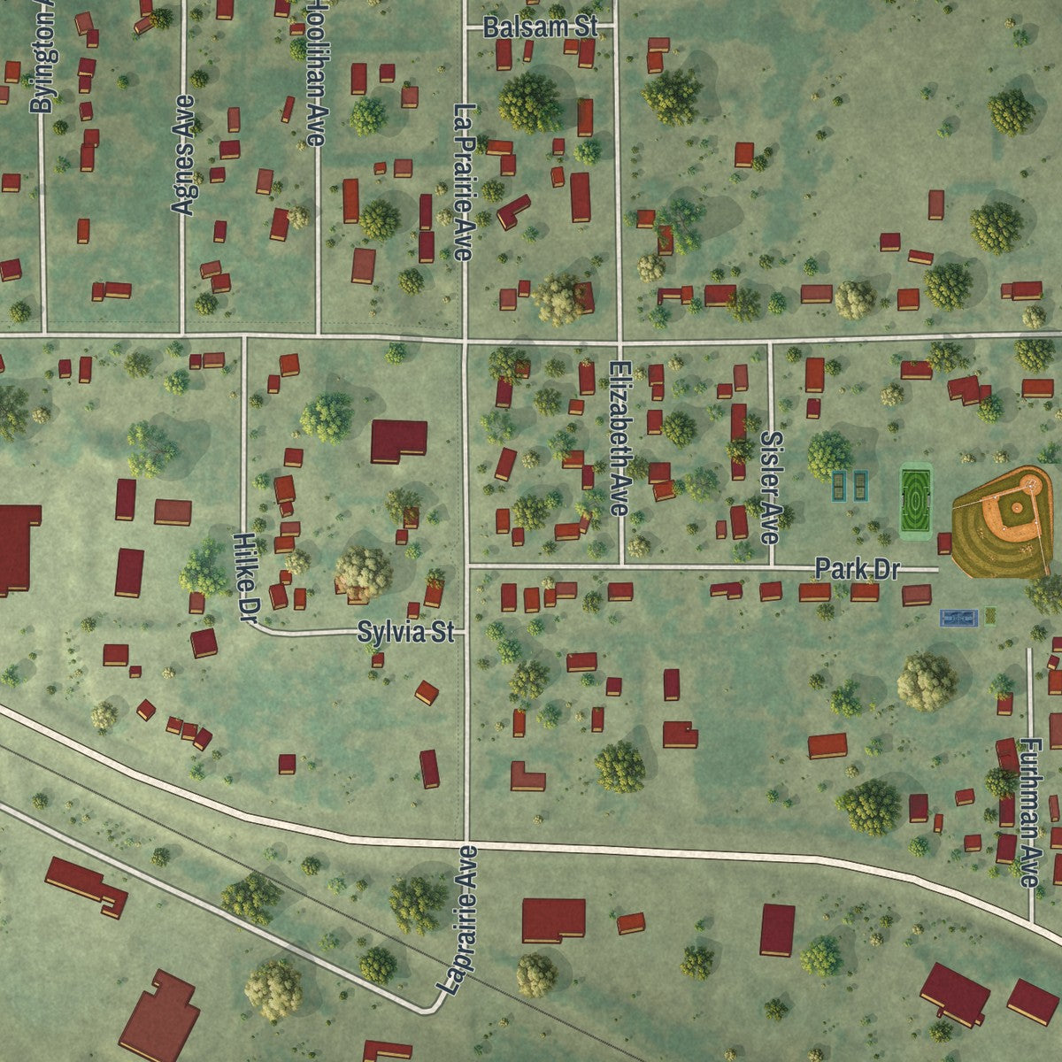 Close-up of the map of La Prairie, Minnesota print showing street and building detail