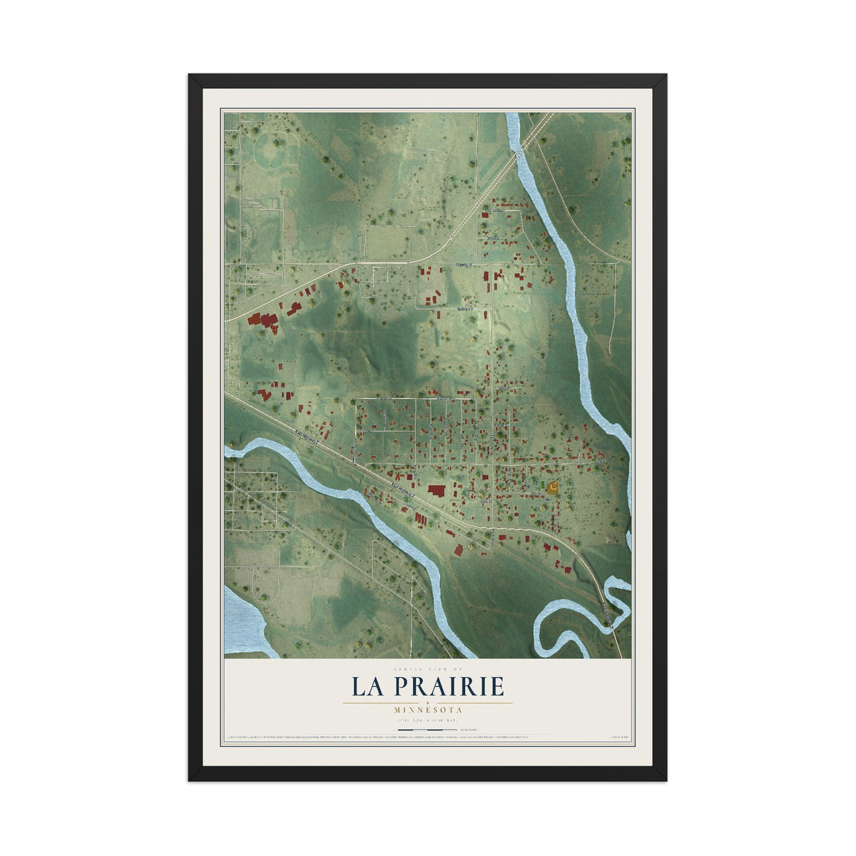 Map of La Prairie, Minnesota, 12 x 18 inch print in a black wood frame