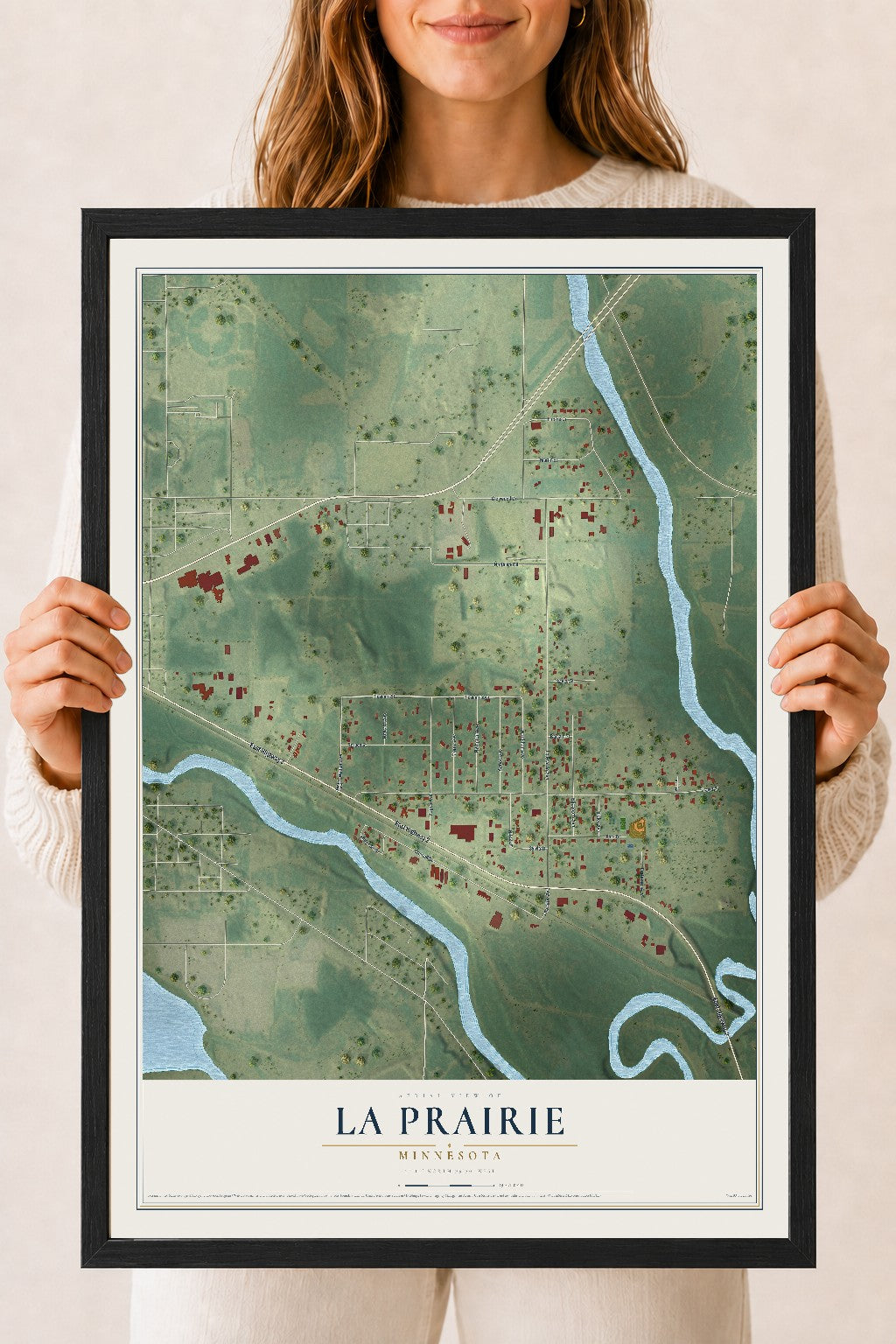 Map of La Prairie, Minnesota, 18 x 24 inch print in a black wood frame