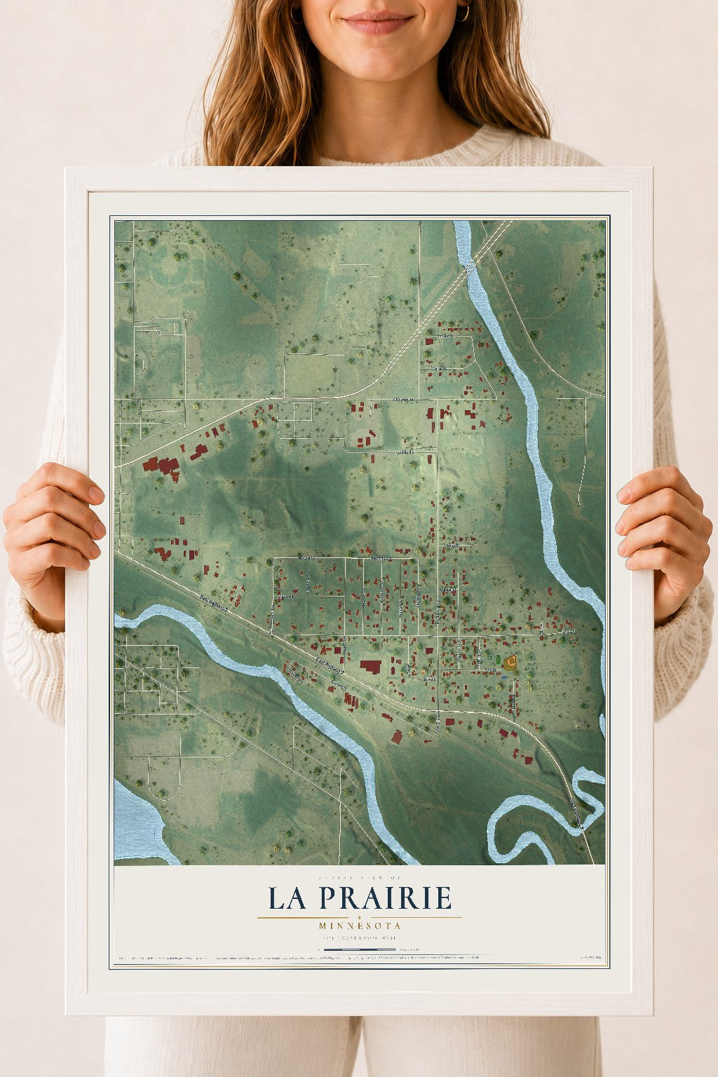 Map of La Prairie, Minnesota, 18 x 24 inch print in a white wood frame