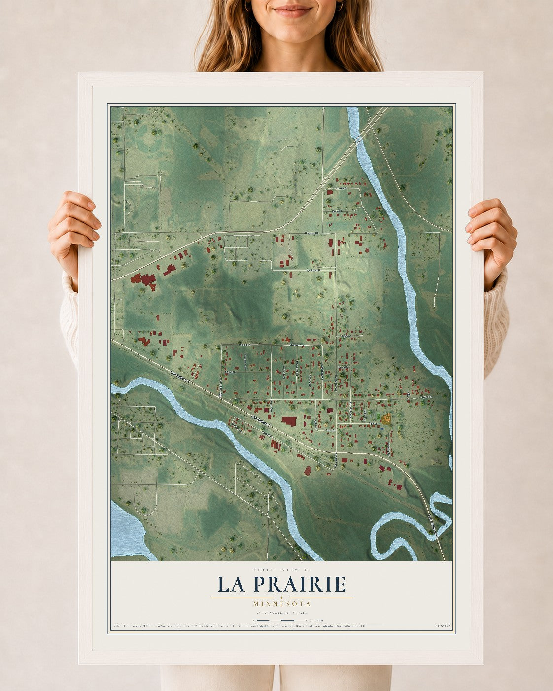 Map of La Prairie, Minnesota, 24 x 36 inch print in a white wood frame