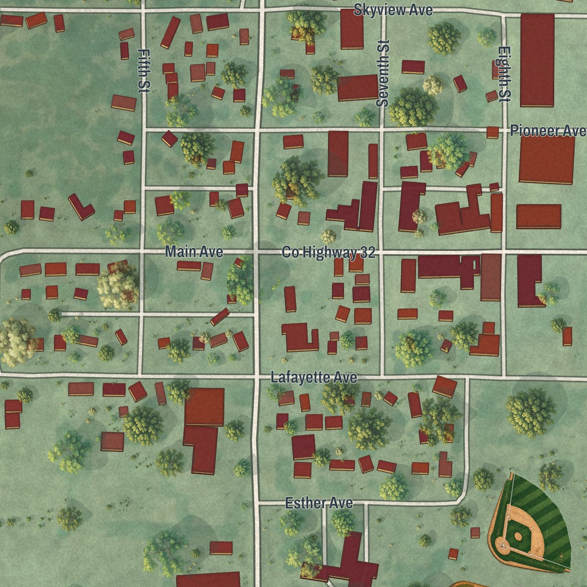 Close-up of the map of Lafayette, Minnesota print showing street and building detail
