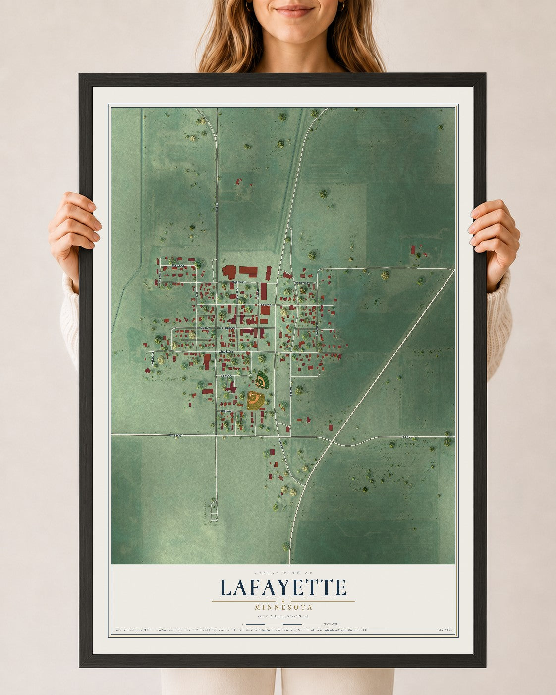 Map of Lafayette, Minnesota, 24 x 36 inch print in a black wood frame