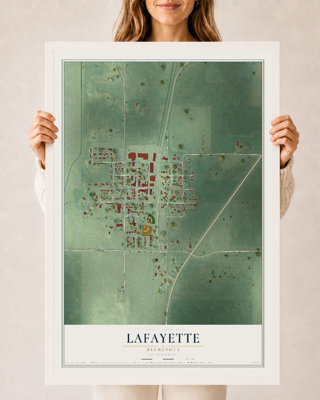 Map of Lafayette, Minnesota, 24 x 36 inch print in a white wood frame