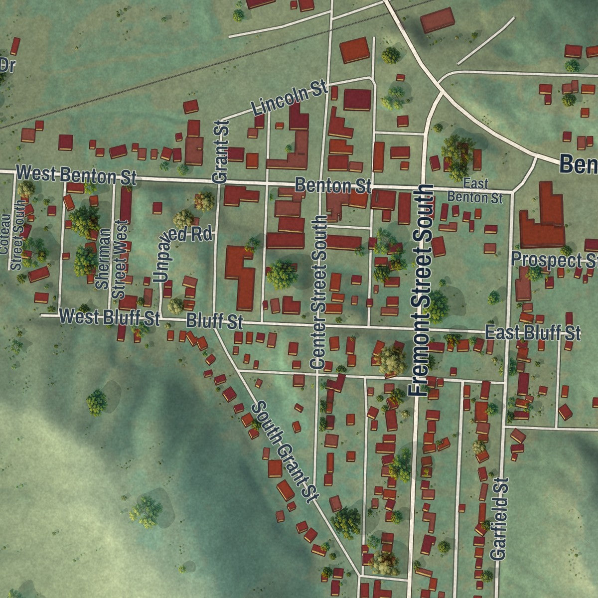 Close-up of the map of Lake Benton, Minnesota print showing street and building detail
