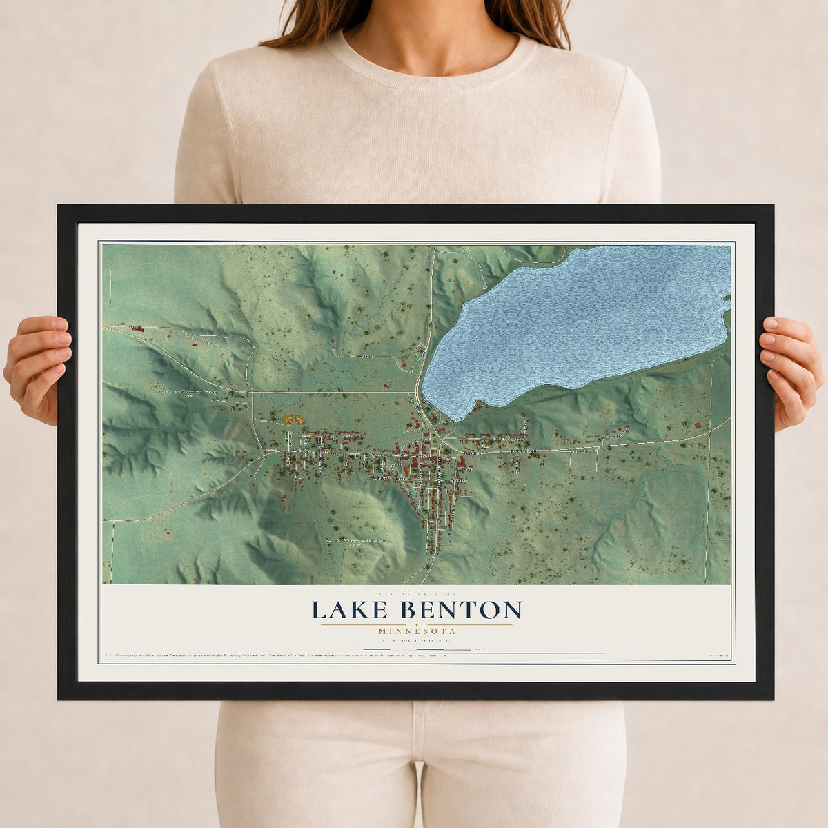 Map of Lake Benton, Minnesota, 12 x 18 inch print in a black wood frame