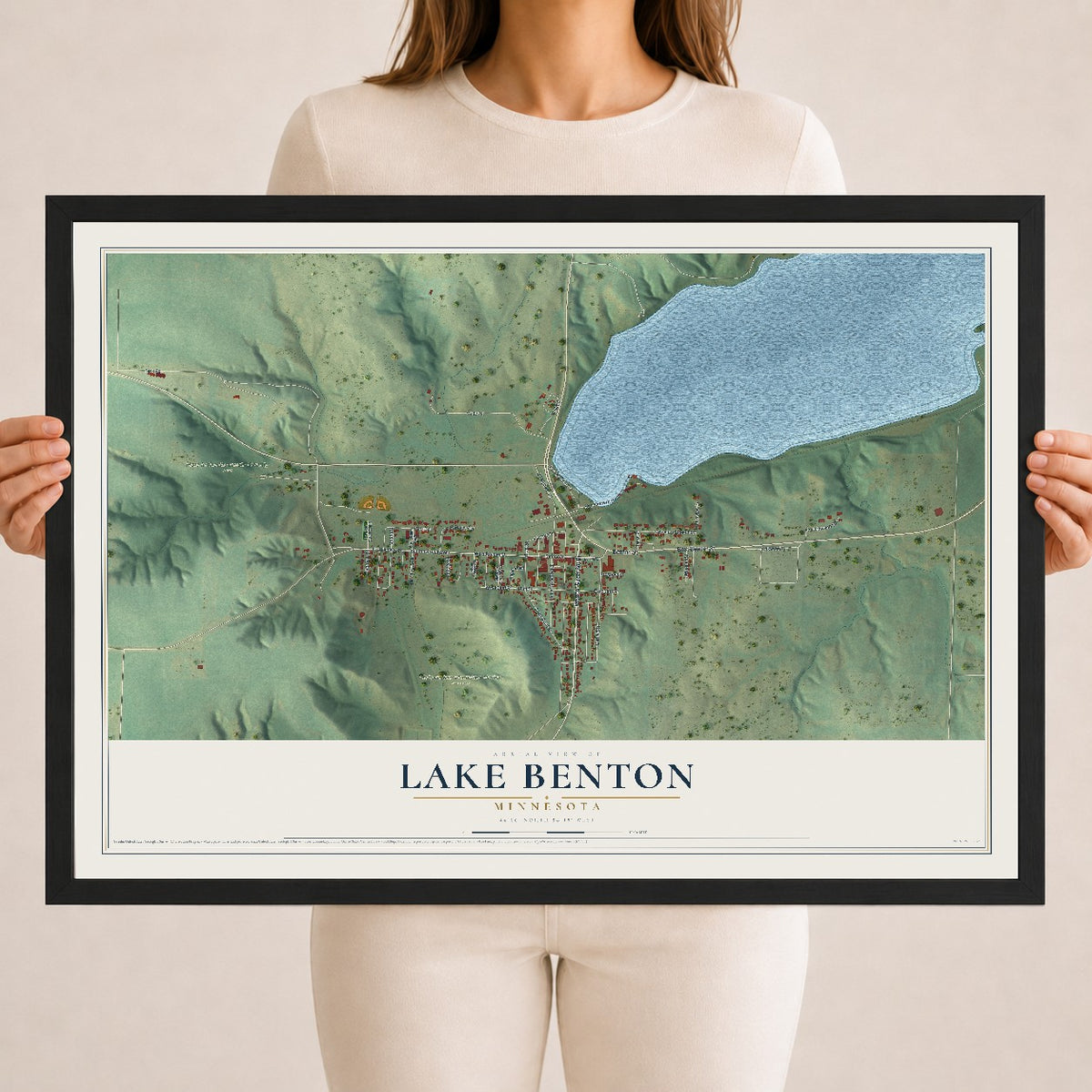 Map of Lake Benton, Minnesota, 18 x 24 inch print in a black wood frame