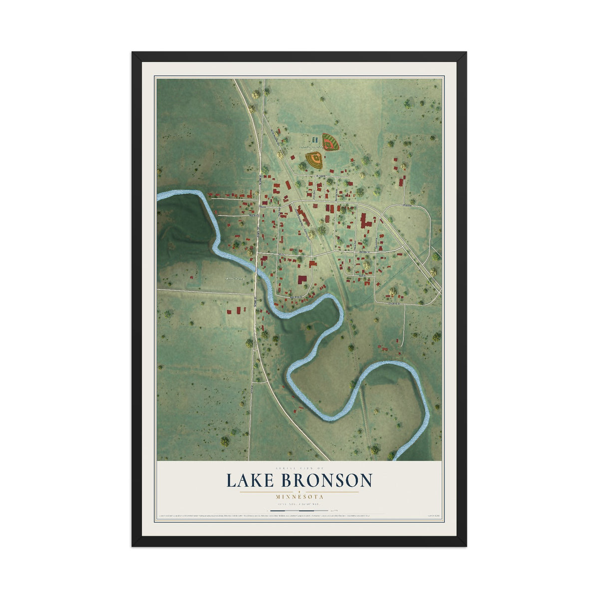Map of Lake Bronson, Minnesota, 12 x 18 inch print in a black wood frame
